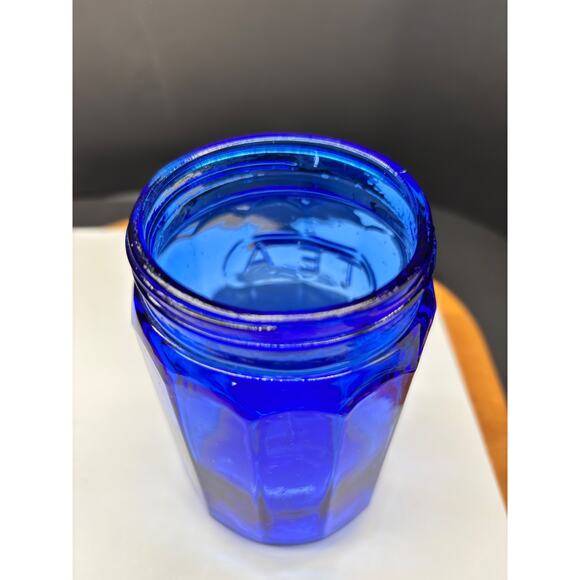 Hoosier Cabinet Style Cobalt Blue Glass Embossed TEA Jar With Metal Screw Lid - Picture 8 of 13